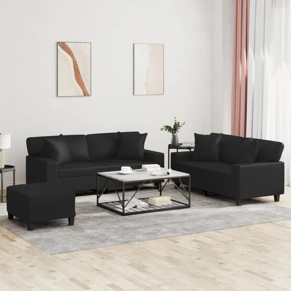 Sofa Sofos komplektas su pagalvėmis, 3 dalių, juodas, dirbtinė oda