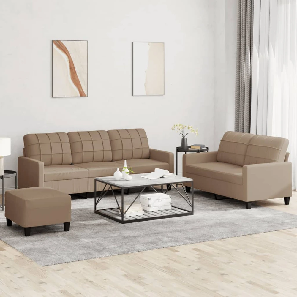 Sofa Sofos komplektas su pagalvėmis, 3 dalių, kapučino, dirbtinė oda