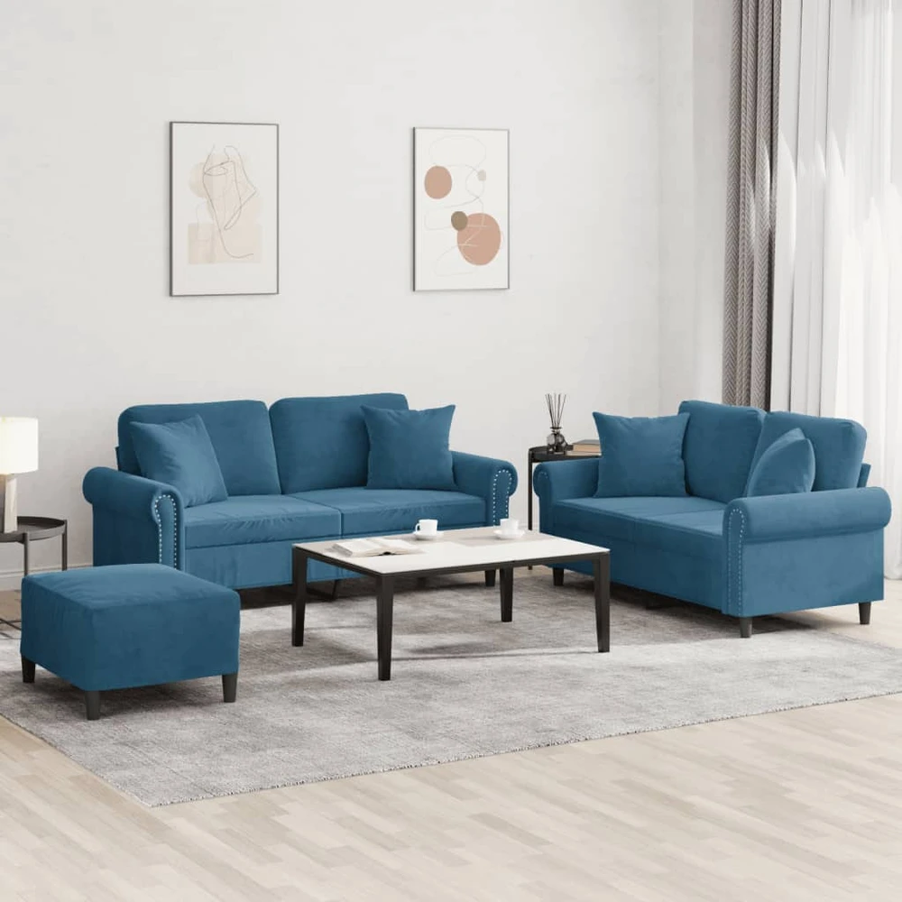 Sofa Sofos komplektas su pagalvėmis, 3 dalių, mėlynas, aksomas