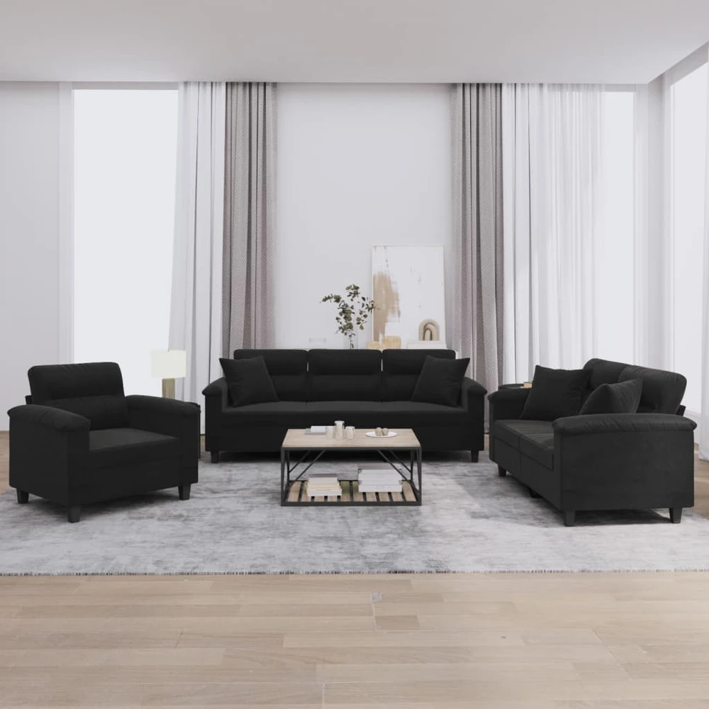 Sofa Sofos komplektas su pagalvėmis, 3 dalių, juodas, audinys