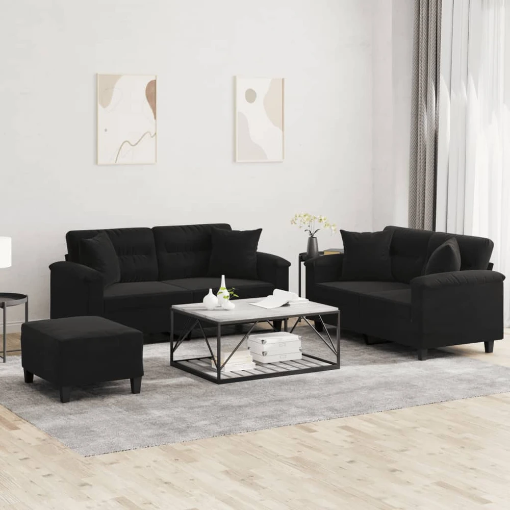 Sofa Sofos komplektas su pagalvėmis, 3 dalių, juodas, audinys