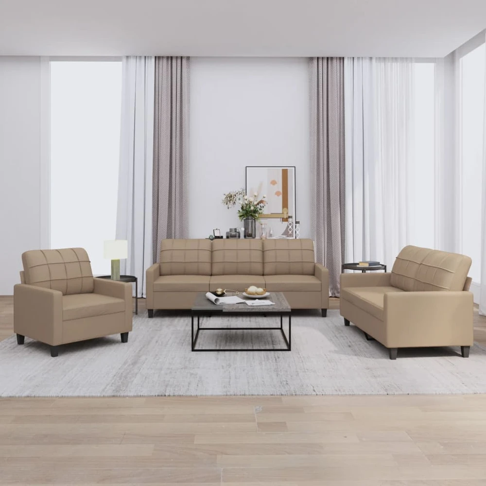 Sofa Sofos komplektas su pagalvėmis, 3 dalių, kapučino, dirbtinė oda