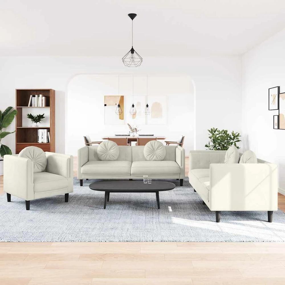 Sofa Sofos komplektas su pagalvėmis, 3 dalių, kreminis, aksomas