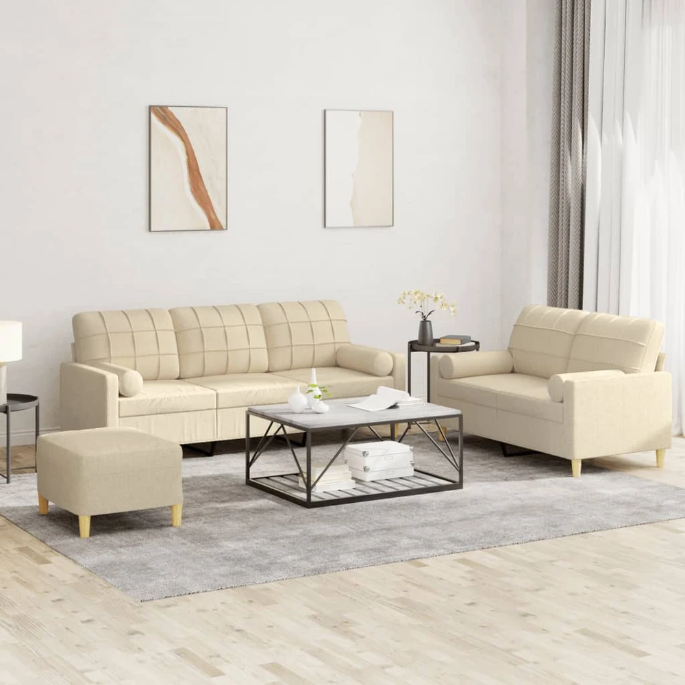 Sofa Sofos komplektas su pagalvėmis, 3 dalių, kreminis, audinys