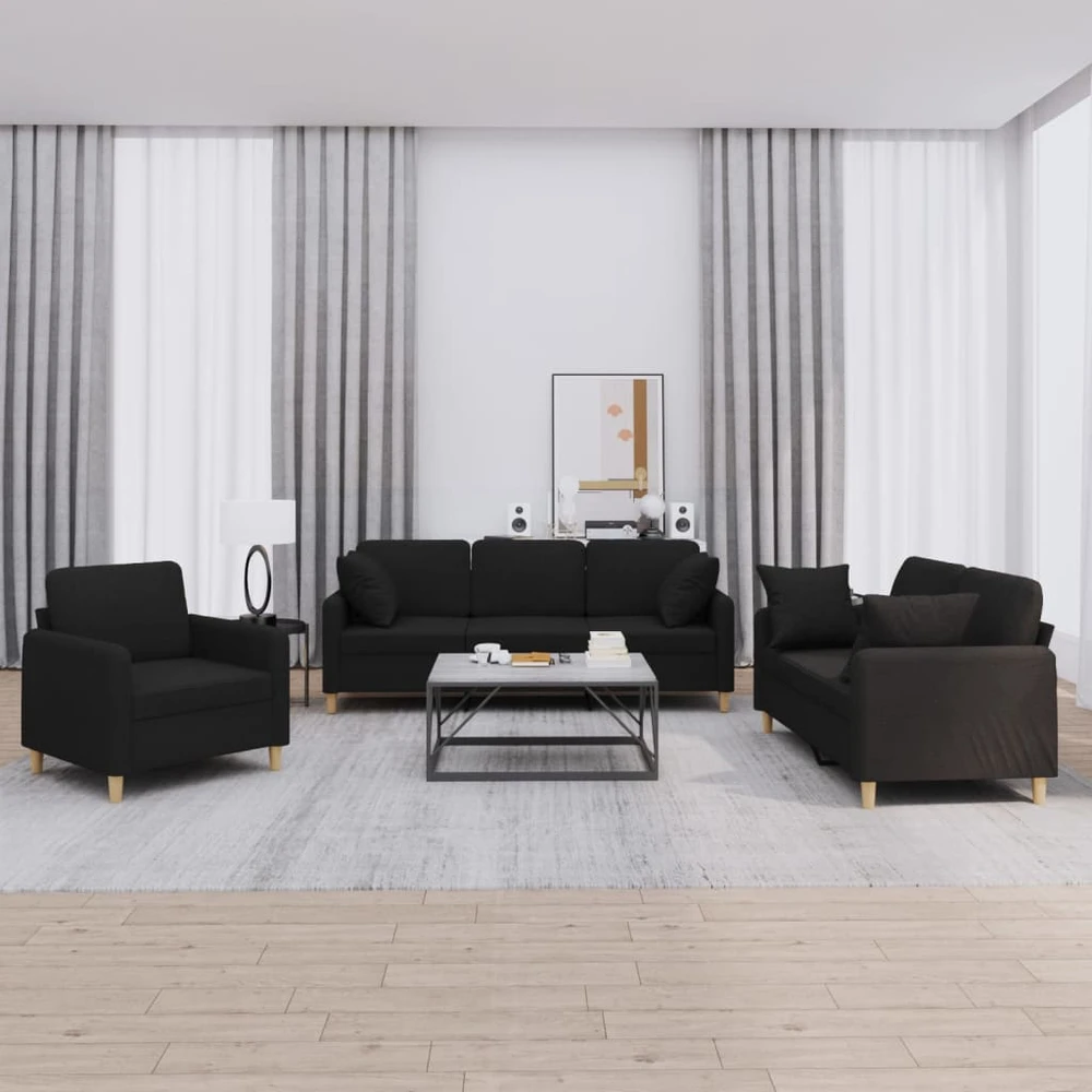 Sofa Sofos komplektas su pagalvėmis, 3 dalių, juodas, audinys