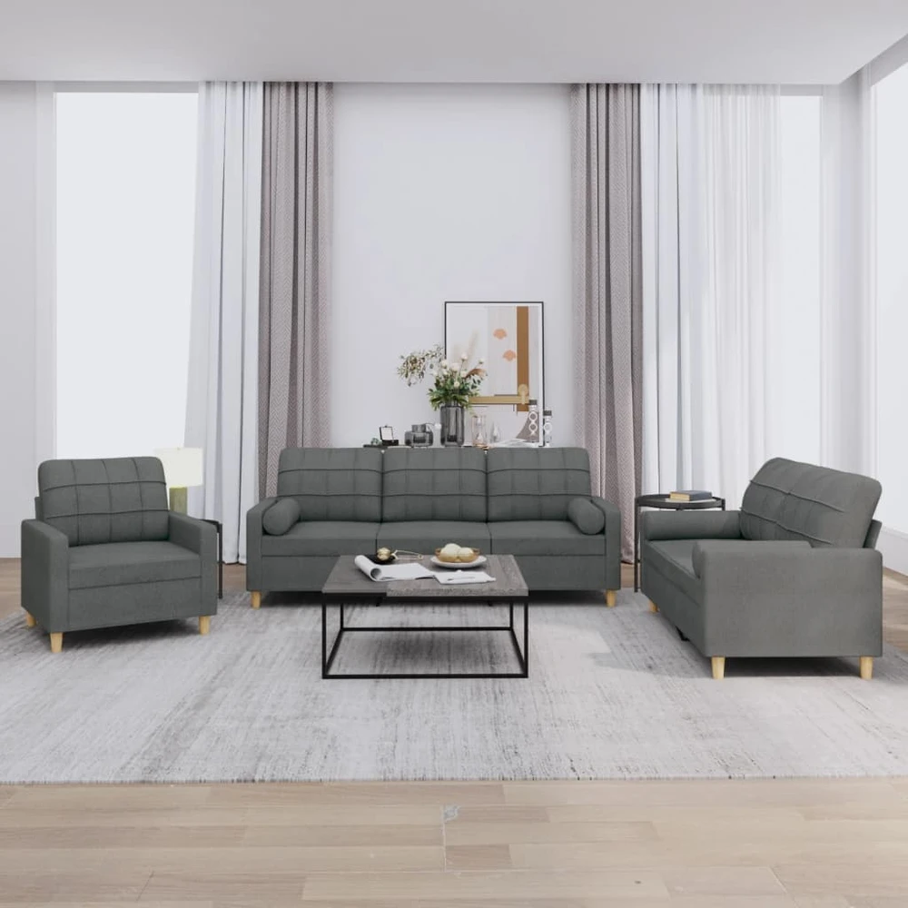 Sofa Sofos komplektas su pagalvėmis, 3 dalių, pilkas, audinys
