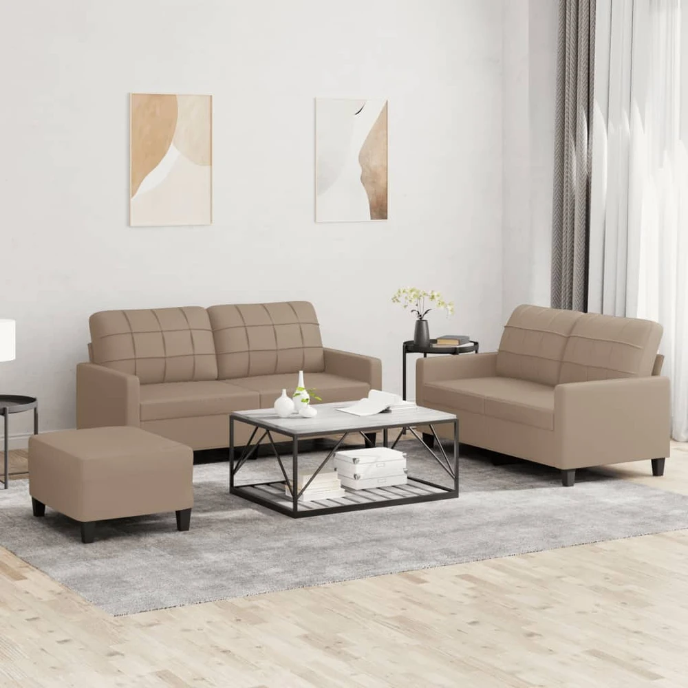 Sofa Sofos komplektas su pagalvėmis, 3 dalių, kapučino, dirbtinė oda