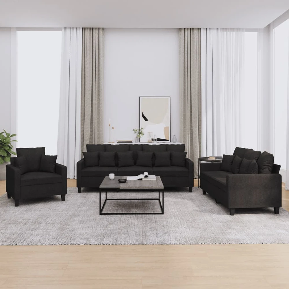 Sofa Sofos komplektas su pagalvėmis, 3 dalių, juodas, audinys