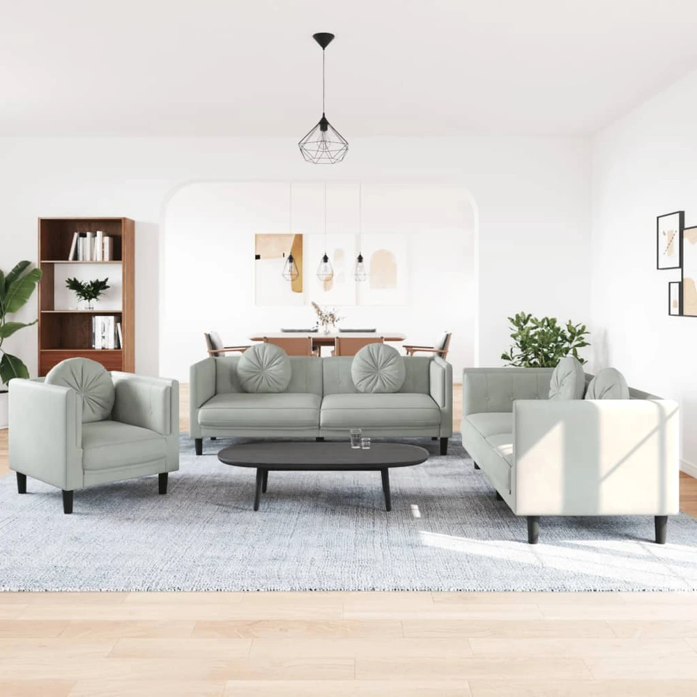 Sofa Sofos komplektas su pagalvėmis, 3 dalių, pilkas, aksomas