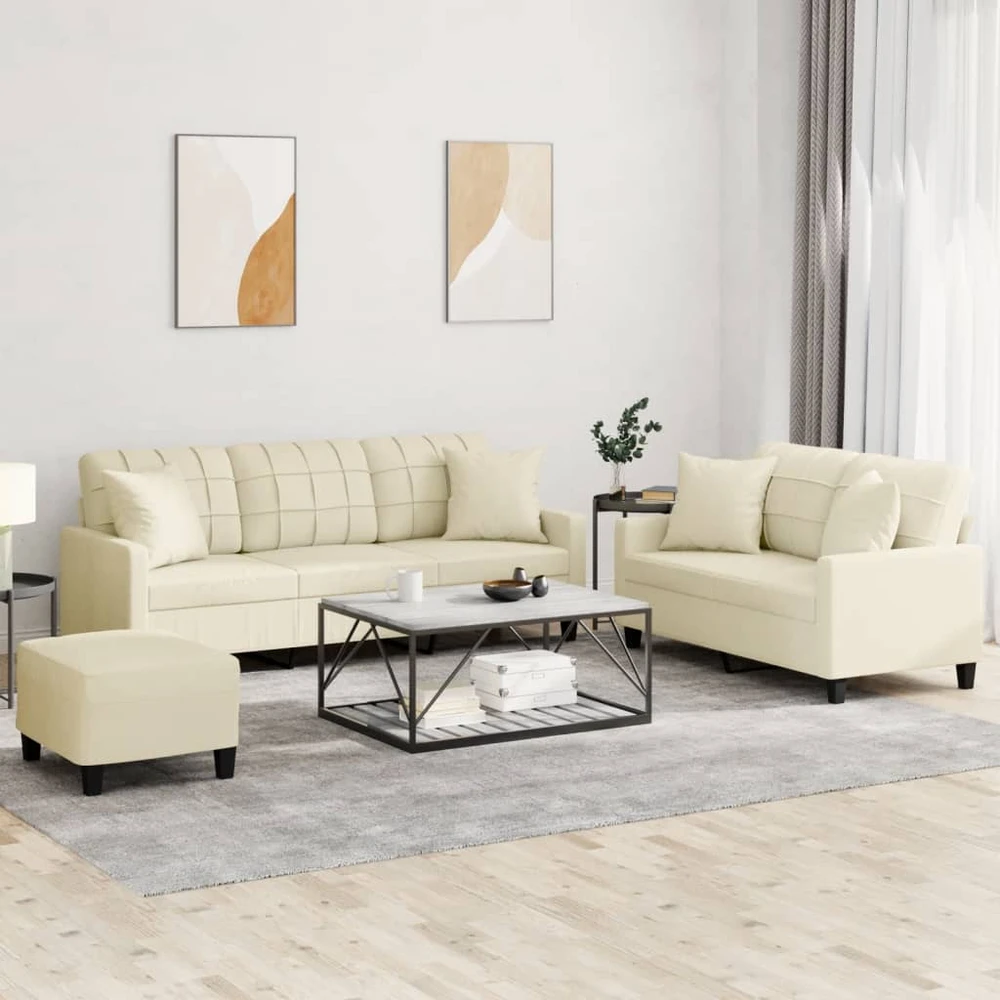 Sofa Sofos komplektas su pagalvėmis, 3 dalių, kreminis, dirbtinė oda