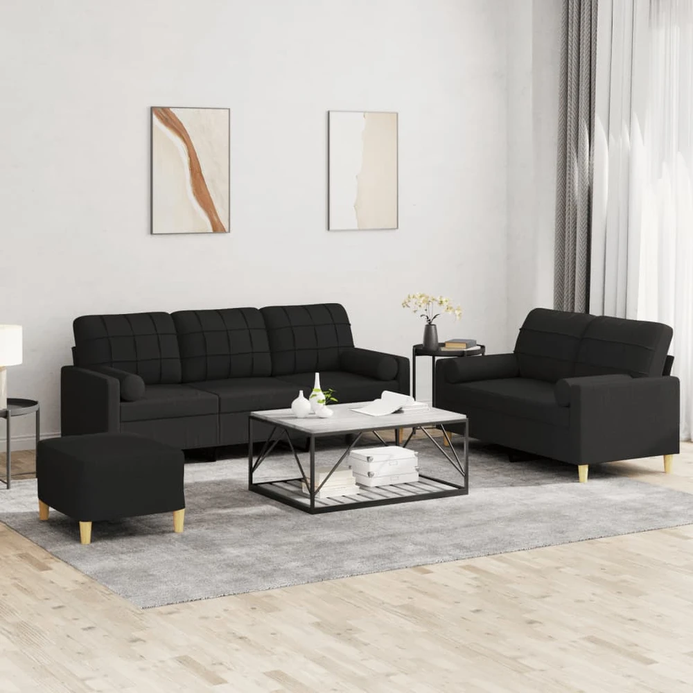 Sofa Sofos komplektas su pagalvėmis, 3 dalių, juodas, audinys