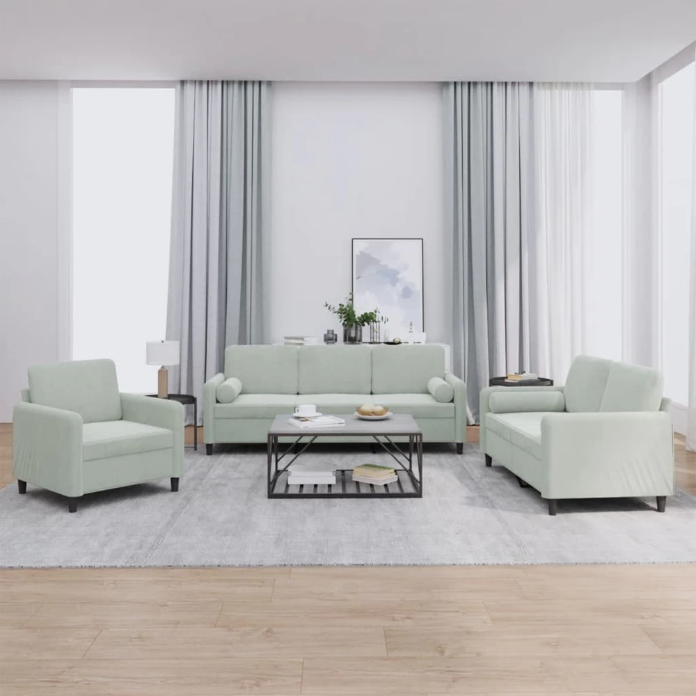 Sofa Sofos komplektas su pagalvėmis, 3 dalių, pilkas, aksomas