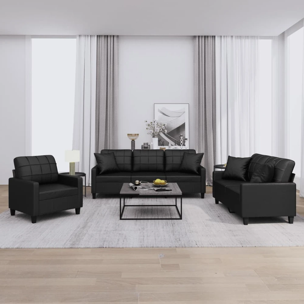 Sofa Sofos komplektas su pagalvėmis, 3 dalių, juodas, dirbtinė oda