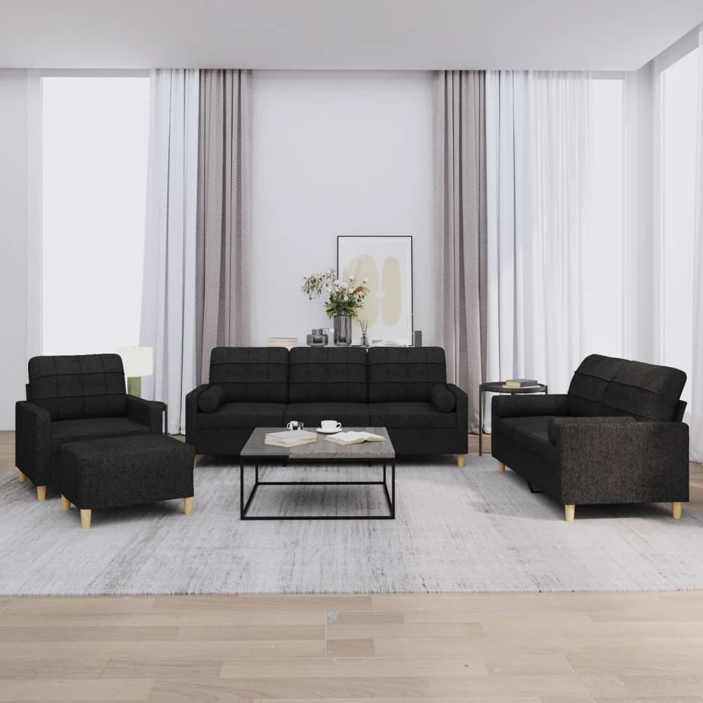 Sofa Sofos komplektas su pagalvėmis, 4 dalių, juodas, audinys
