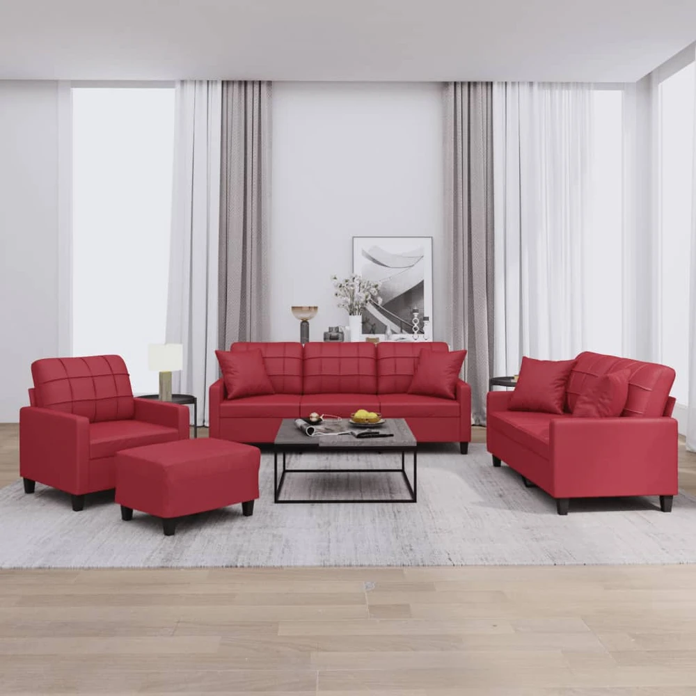Sofa Sofos komplektas su pagalvėmis, 4 dalių, vyno, dirbtinė oda