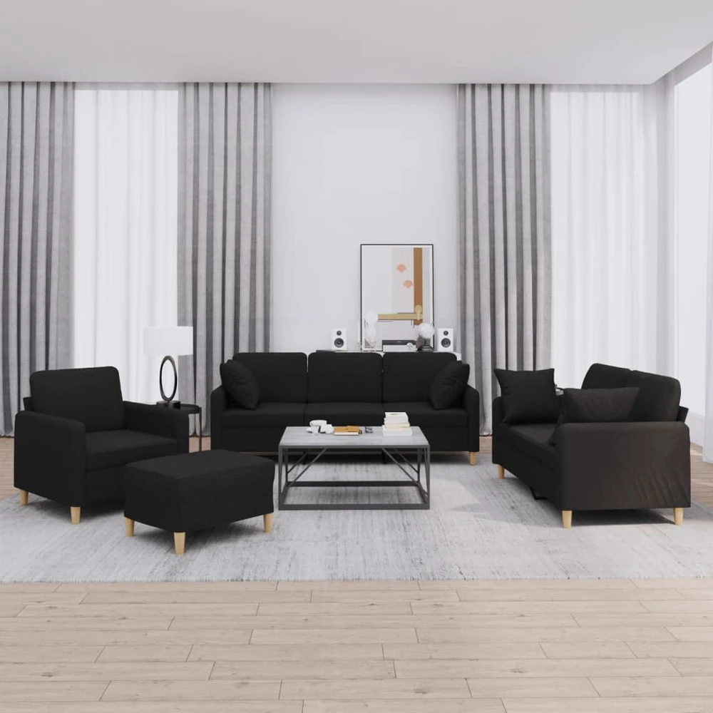 Sofa Sofos komplektas su pagalvėmis, 4 dalių, juodas, audinys
