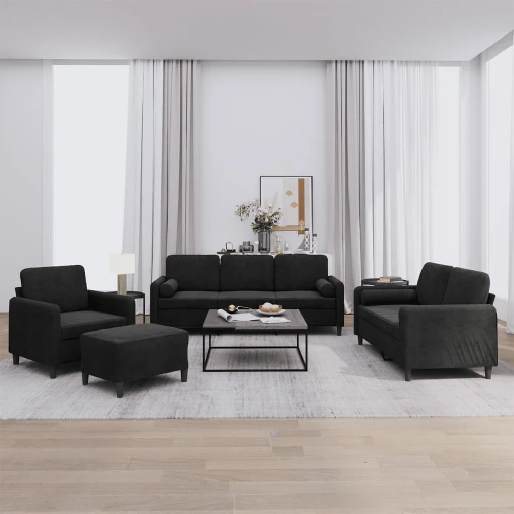 Sofa Sofos komplektas su pagalvėmis, 4 dalių, juodas, aksomas