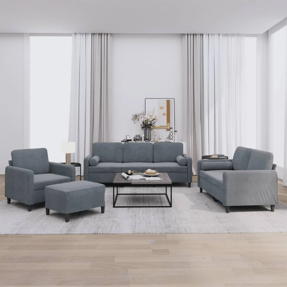 Sofa Sofos komplektas su pagalvėmis, 4 dalių, pilkas, aksomas