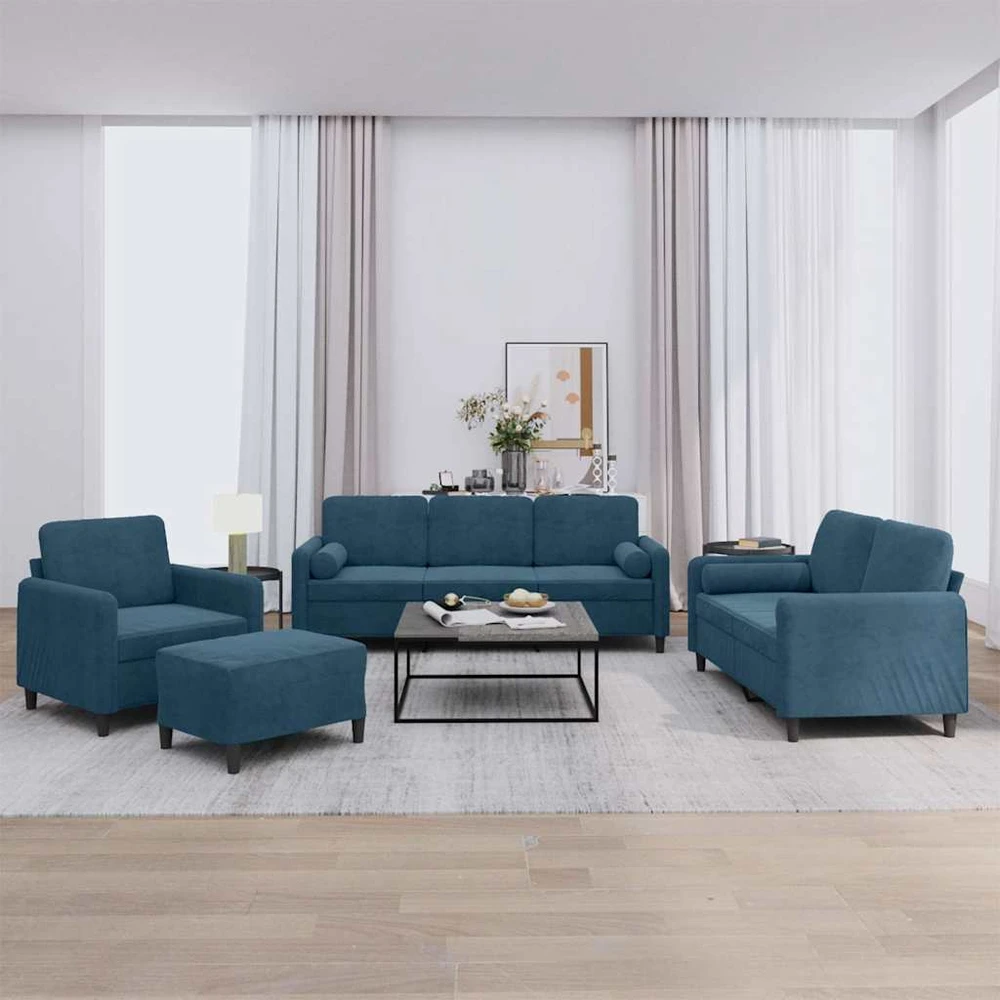 Sofa Sofos komplektas su pagalvėmis, 4 dalių, mėlynas, aksomas