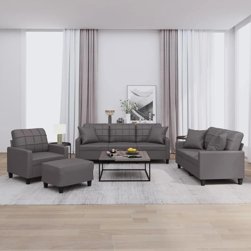 Sofa Sofos komplektas su pagalvėmis, 4 dalių, pilkas, dirbtinė oda