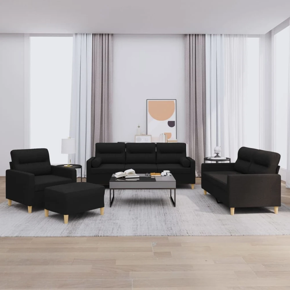 Sofa Sofos komplektas su pagalvėmis, 4 dalių, juodas, audinys