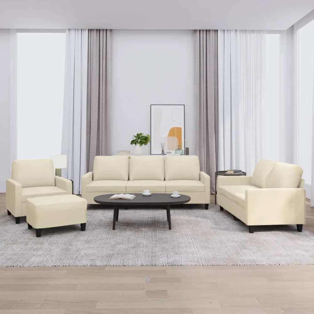 Sofa Sofos komplektas su pagalvėmis, 4 dalių, kreminis, dirbtinė oda
