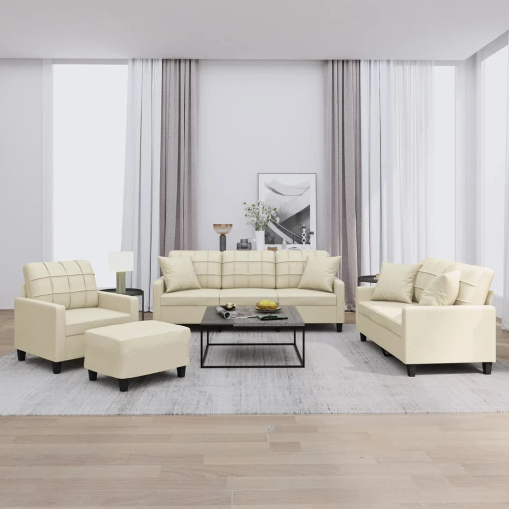 Sofa Sofos komplektas su pagalvėmis, 4 dalių, kreminis, dirbtinė oda