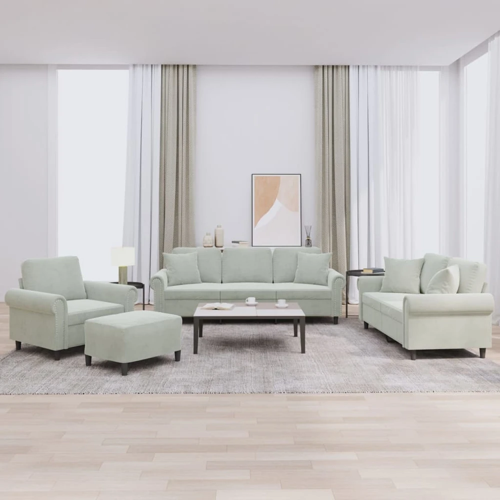 Sofa Sofos komplektas su pagalvėmis, 4 dalių, pilkas, aksomas