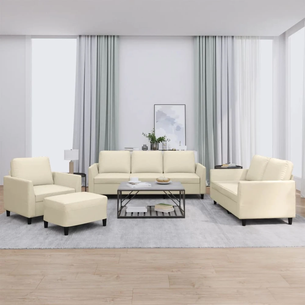 Sofa Sofos komplektas su pagalvėmis, 4 dalių, kreminis, dirbtinė oda