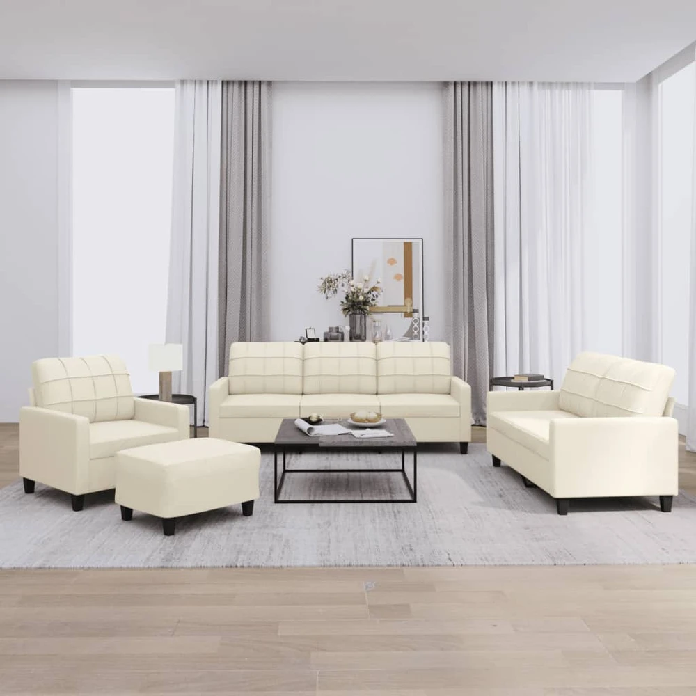 Sofa Sofos komplektas su pagalvėmis, 4 dalių, kreminis, dirbtinė oda