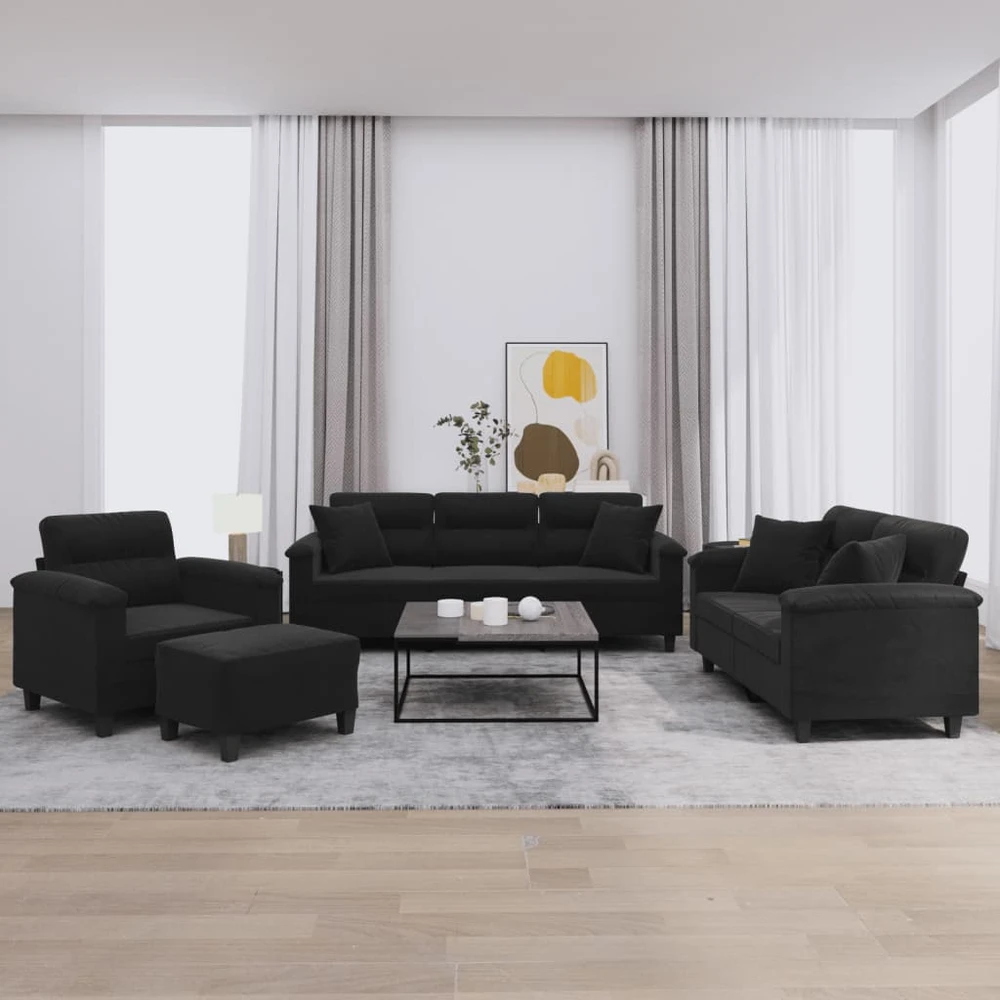 Sofa Sofos komplektas su pagalvėmis, 4 dalių, juodas, audinys