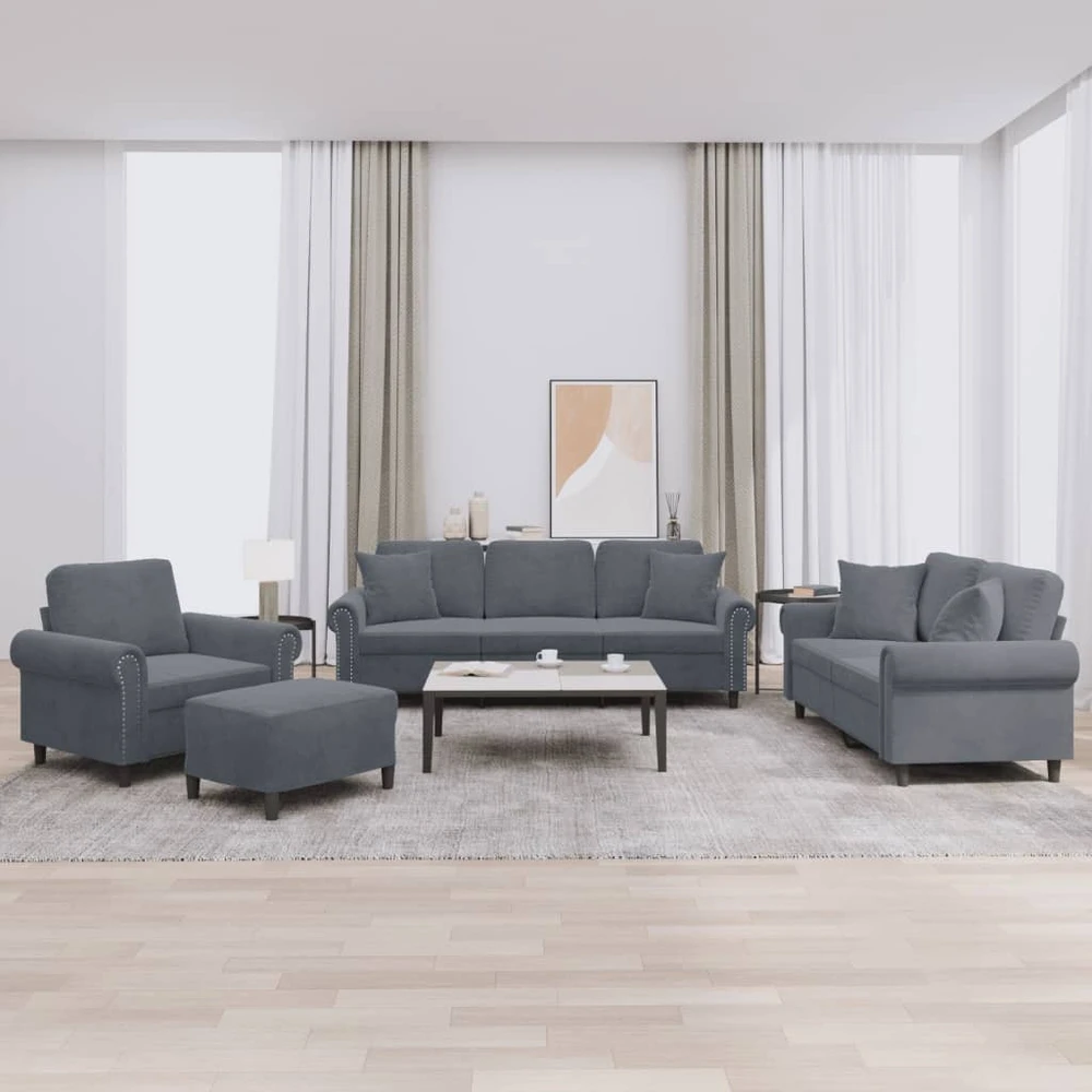 Sofa Sofos komplektas su pagalvėmis, 4 dalių, pilkas, aksomas
