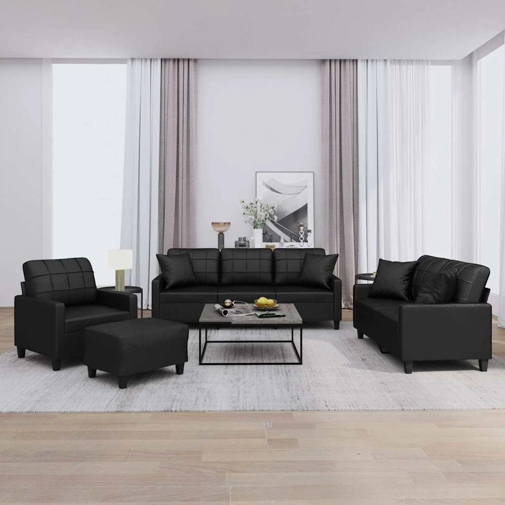 Sofa Sofos komplektas su pagalvėmis, 4 dalių, juodas, dirbtinė oda