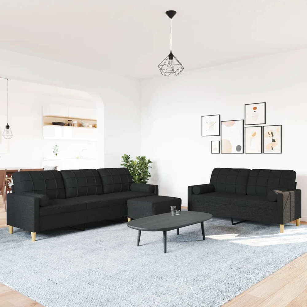 Sofa Sofos komplektas su pagalvėmis/pakoja, 3 dalių, juoda, audinys