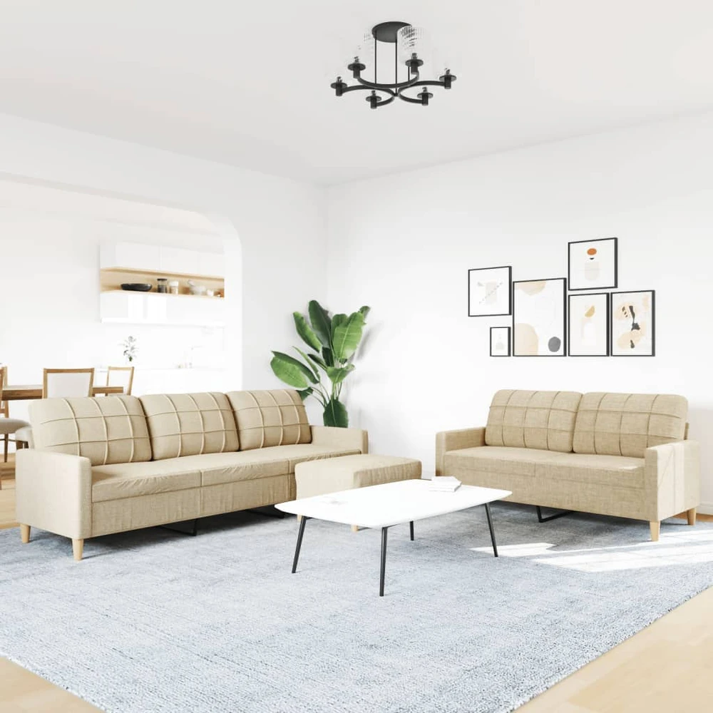 Sofa Sofos komplektas su pakoja, 3 dalių, kreminis, audinys