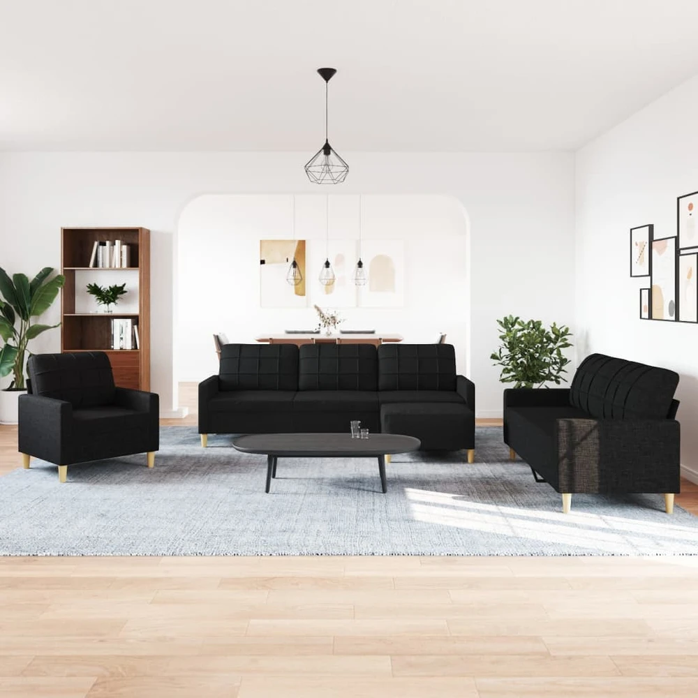Sofa Sofos komplektas su pakoja, 4 dalių, juodas, audinys