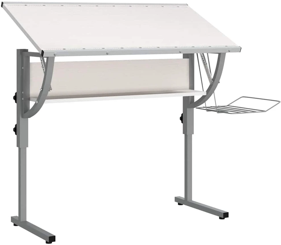 Stalas, baltas/pilkas, 110x53x(58–87)cm, mediena/plienas