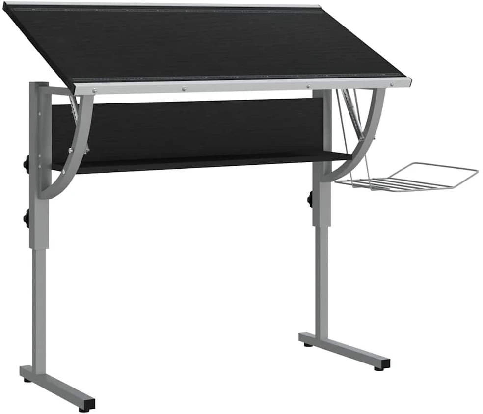 Stalas, juodas/pilkas, 110x53x(58–87)cm, mediena/plienas