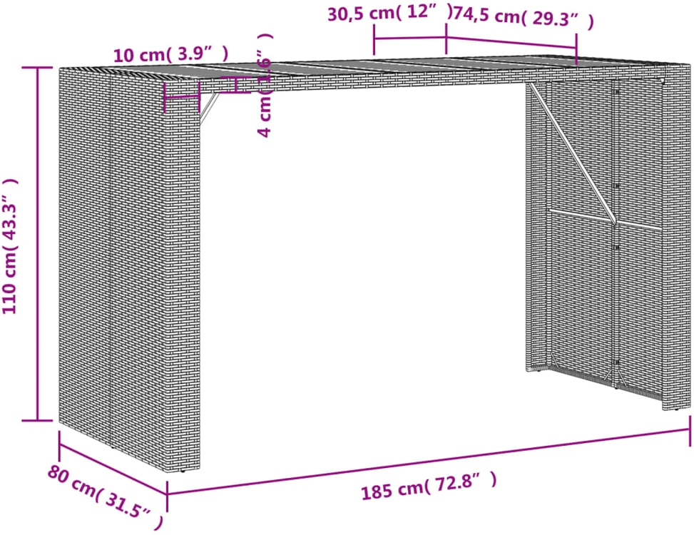 Stalas su akacijos stalviršiu, pilkas, 185x80x110cm, PE ratanas