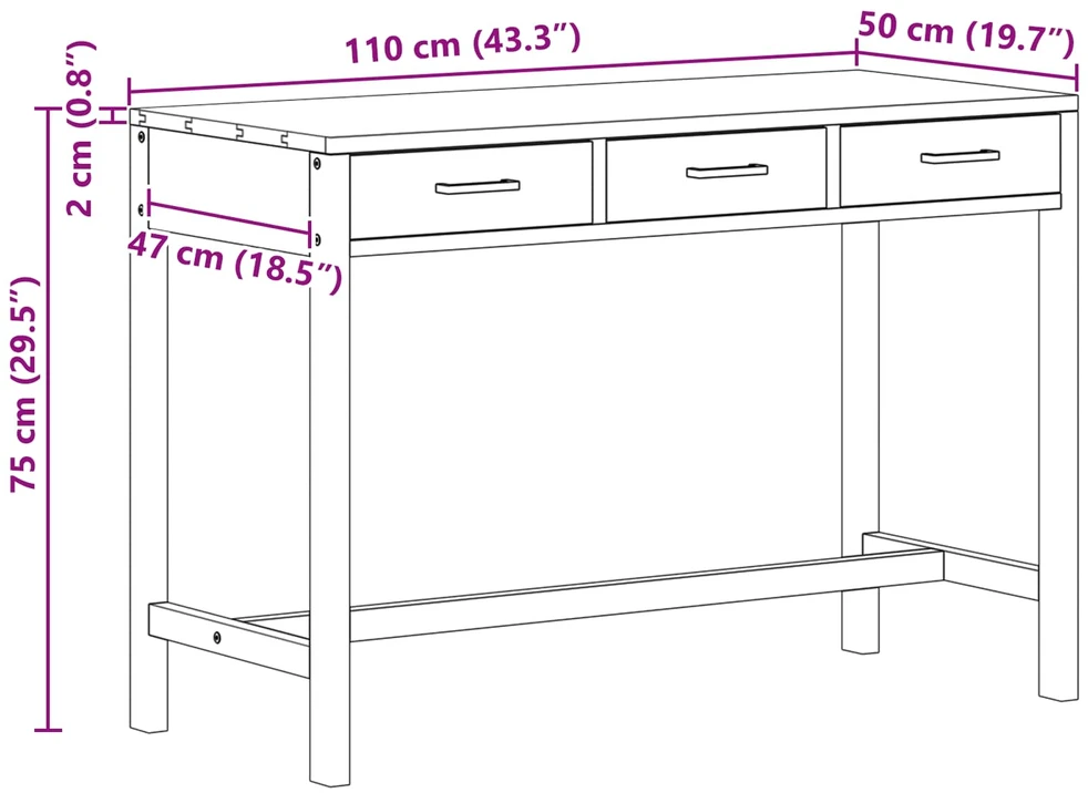 Stalas su stalčiais Natūrali Kieto teka medžio 110 x 50 x 75 cm