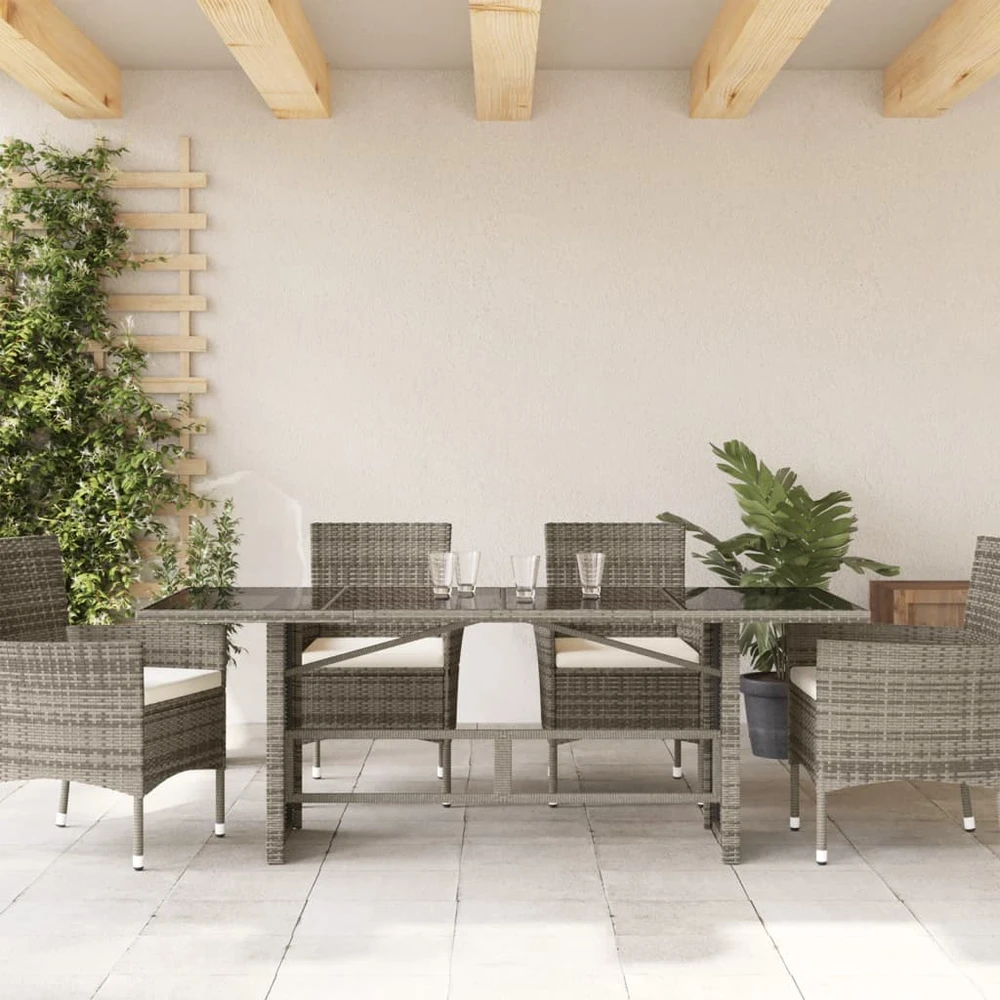 Stalas su stikliniu stalviršiu, pilkas, 190x80x74cm, PE ratanas