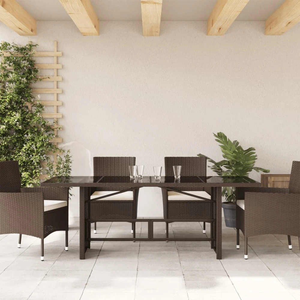 Stalas su stikliniu stalviršiu, rudas, 190x80x75cm, poliratanas