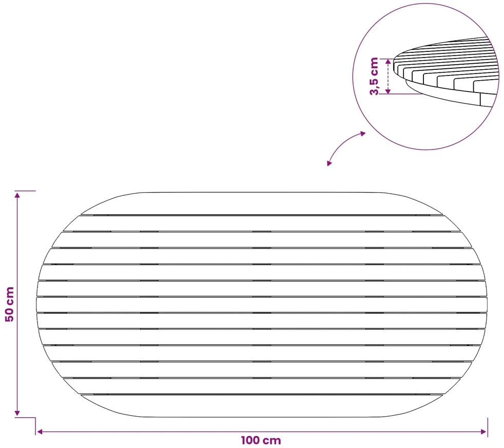 Stalo viršus 100 x 50 x 3,5 cm Ovalo Kieto teka medžio Natūrali