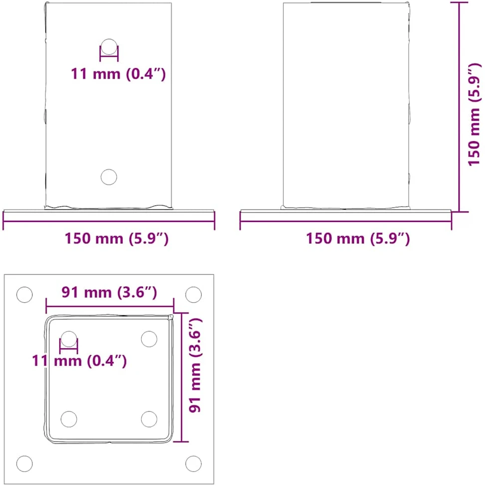 Stulpų pagrindai kvadratiniai, 4vnt., sidabriniai, 91x91mm