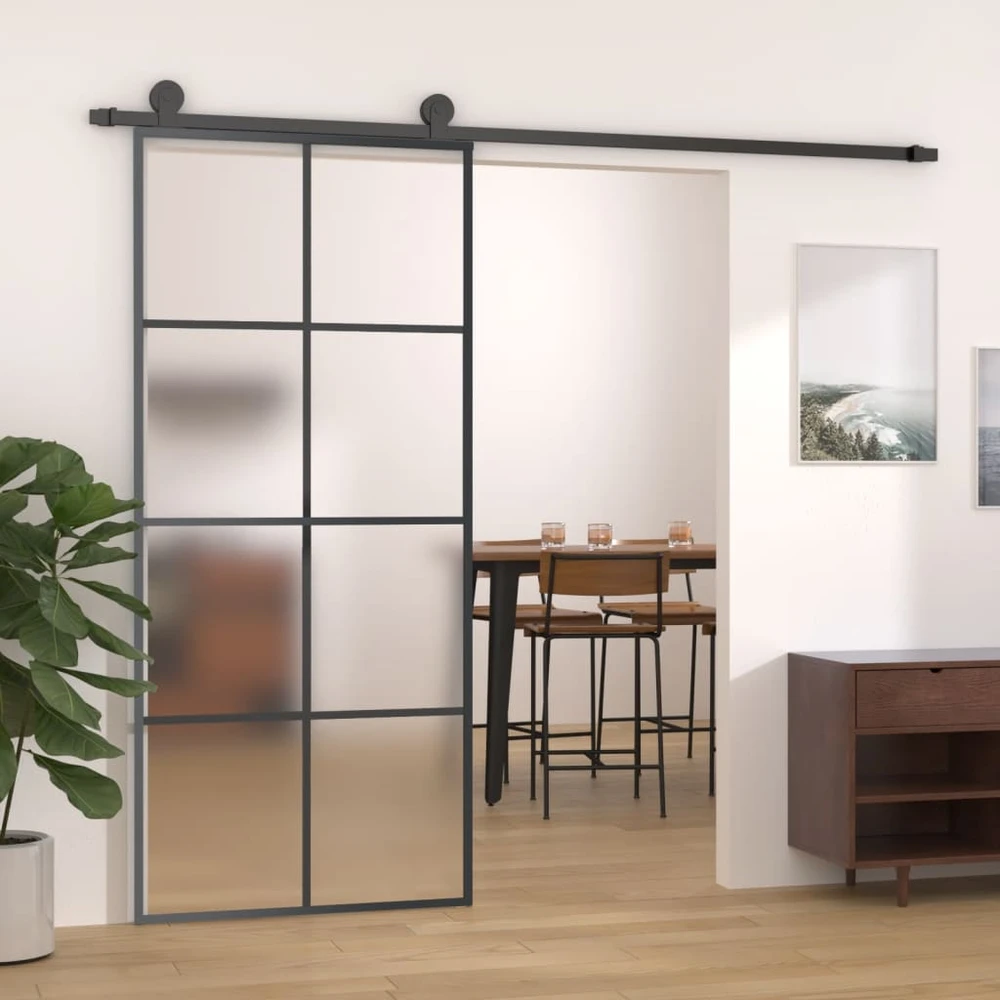 Stumdomos durys, juodos, 90x205cm, aliuminis ir ESG stiklas