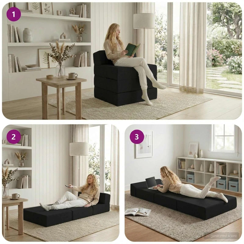 Sulankstomas Sofos Lova Juoda 200 x 70 x 15 cm Audinys