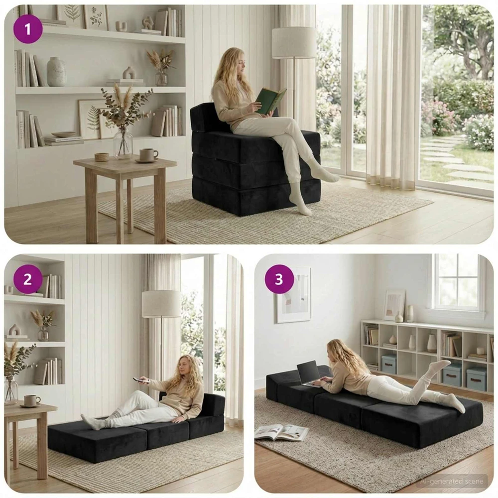 Sulankstomas Sofos Lova Juoda 200 x 70 x 15 cm Aksomas