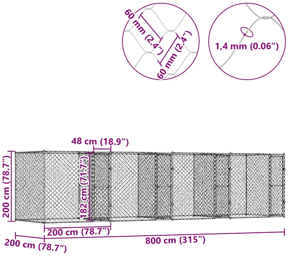 Šuns narvas Sidabro 800 x 200 x 200 cm Cinkuota plienas