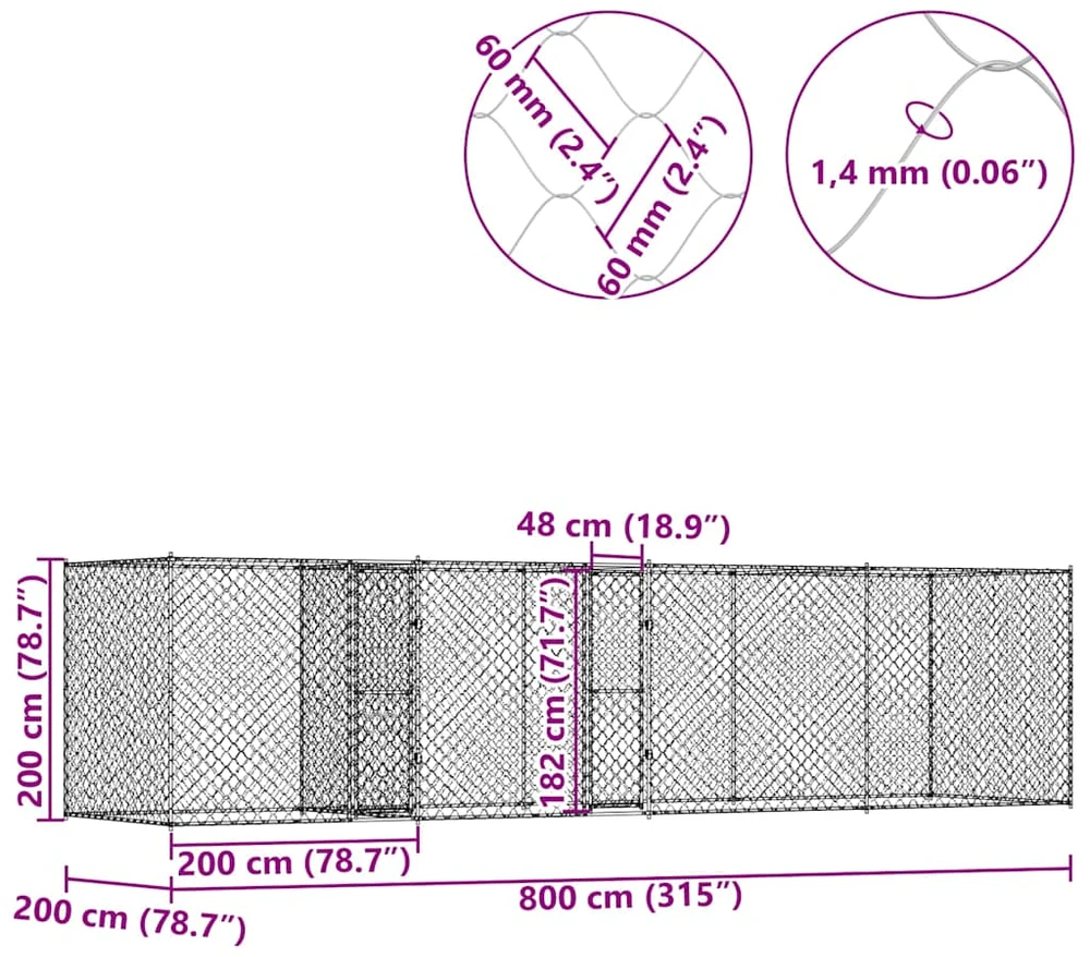 Šuns narvas Sidabro 800 x 200 x 200 cm Cinkuota plienas