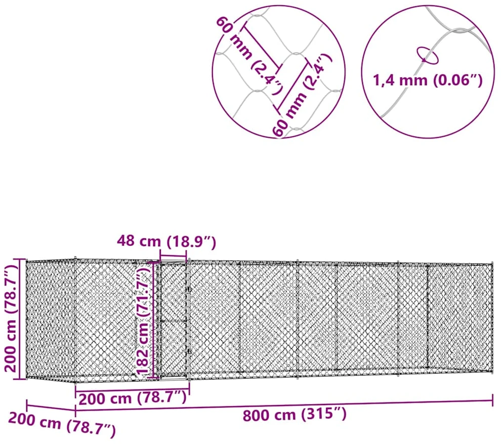 Šuns narvas Sidabro 800 x 200 x 200 cm Cinkuota plienas
